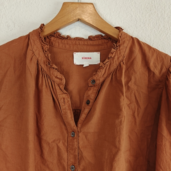Xirena Orange Cotton Ruffle Neck Button Down Blouse | Relaxed Boho Coastal Chic - Picture 4 of 10